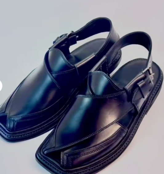 Original Leather Peshawari Chappal – Charsadda Style | Double Sheet Sole | Black ~ Size 7,8,9,10,11,12